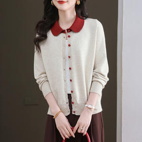 CC-11-9113小个子2025春秋季新款洋气娃娃翻领针织开衫女士拼色短款毛衣外套