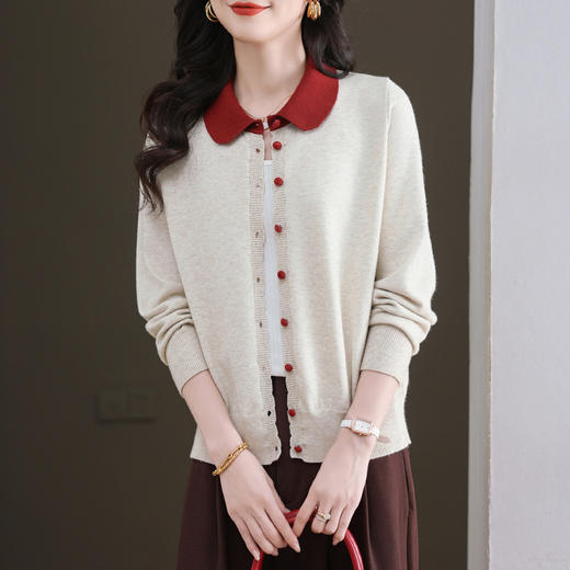 CC-11-9113小个子2025春秋季新款洋气娃娃翻领针织开衫女士拼色短款毛衣外套 商品图0