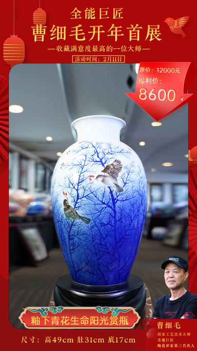 釉下青花生命阳光赏瓶 商品图0