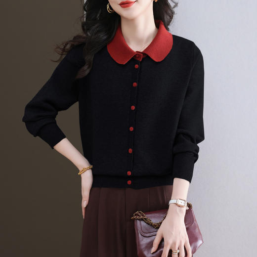 CC-11-9113小个子2025春秋季新款洋气娃娃翻领针织开衫女士拼色短款毛衣外套 商品图3