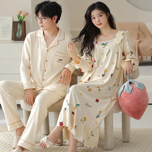 【情侣睡衣】春秋款 纯棉长袖睡裙女 秋季长款公主风家居服 男士休闲套装  商品图0
