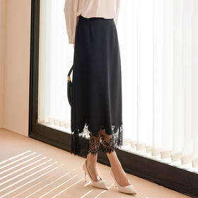 玳莎蕾丝拼接醋酸半身裙2025春季新款黑色优雅显瘦气质百搭A字裙  FA34302