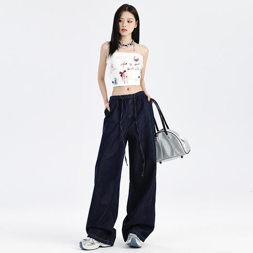 【莱赛尔棉】罗蒙春夏牛仔裤女士松紧腰抽绳牛仔裤宽松舒适休闲百搭阔腿裤女长裤 商品图4