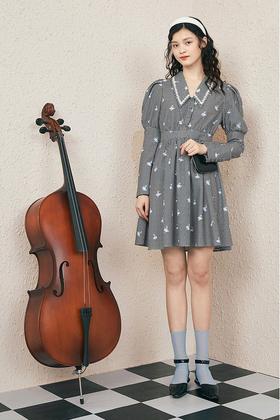 PEACEBIRD太平鸟 泡泡袖黑白格纹印花连衣裙 11626