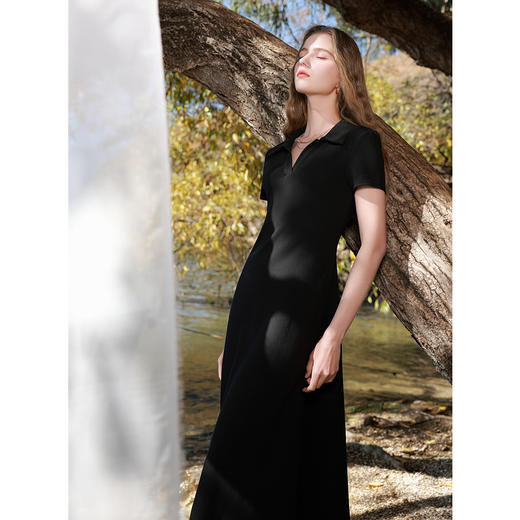 三彩2025春季新款Polo领小黑裙短袖收腰A字裙连衣裙休闲裙子M 商品图3