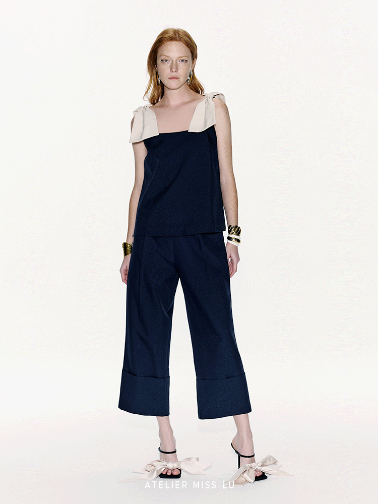 【海口浪花】翻折裤腿设计直筒九分裤