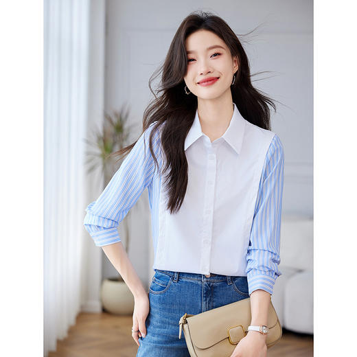 CC-QL-Y8553条纹衬衫女春秋2025新款设计感小众职业气质白色拼接长袖衬衣 商品图3