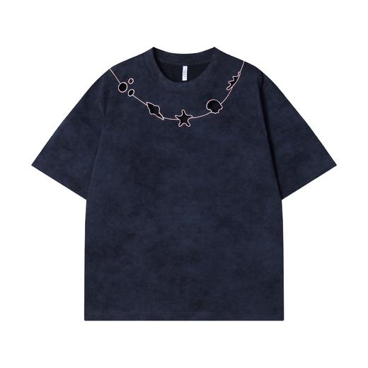 T2246春夏新款时尚个性扎染撞色刺绣镂空圆领短袖T恤百搭情侣套头上衣 商品图1