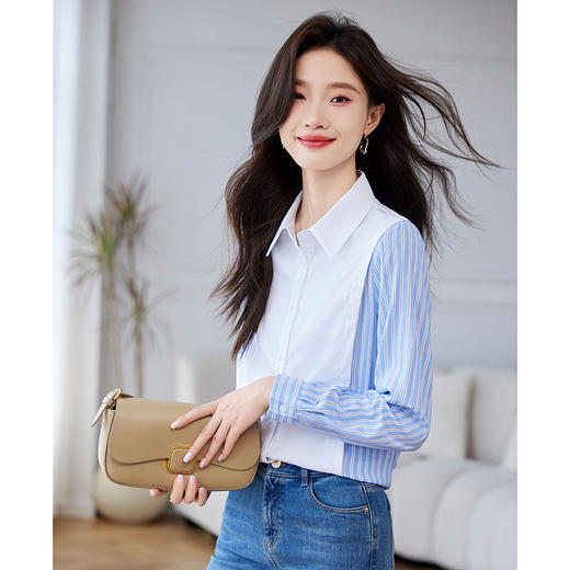 CC-QL-Y8553条纹衬衫女春秋2025新款设计感小众职业气质白色拼接长袖衬衣 商品图1