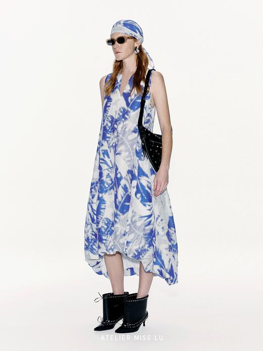 【雨林漫步】品牌定染印花桑蚕丝亚麻混纺露背花苞连衣裙 商品图2