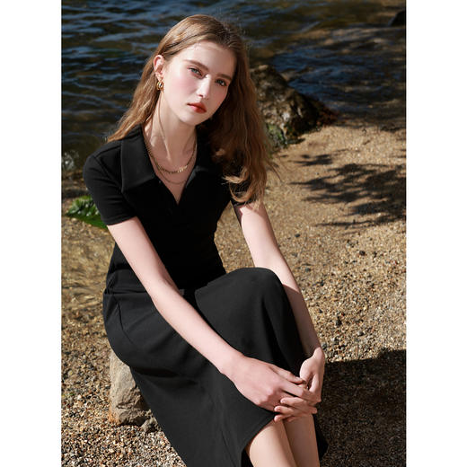 三彩2025春季新款Polo领小黑裙短袖收腰A字裙连衣裙休闲裙子M 商品图2