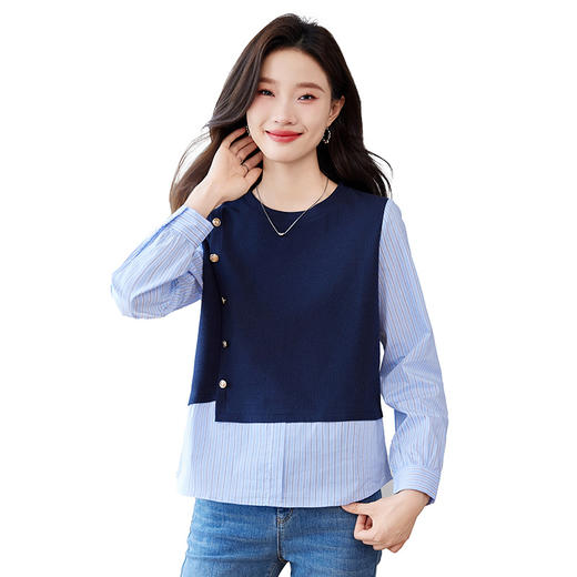 CC-QL-Y8552假两件拼接长袖衬衫女春秋2025新款衬衣时尚洋气卫衣条纹打底上衣 商品图4