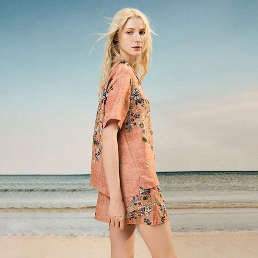 Solo seta女士海边度假风短袖短裤丝麻套装印花睡衣2025年秋季 商品图1