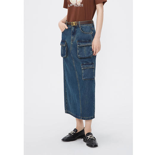 NEELLY纳俪商场同款春秋港风机能中长款半身裙女纯棉后开叉牛仔裙N24084E04649 商品图1