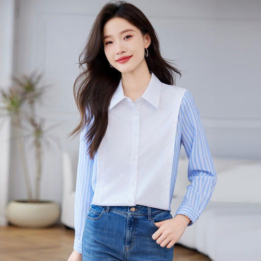 CC-QL-Y8553条纹衬衫女春秋2025新款设计感小众职业气质白色拼接长袖衬衣 商品图0