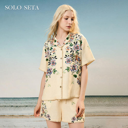 Soloseta女士海边度假风短袖短裤套装丝麻印花睡衣2025年秋 商品图0