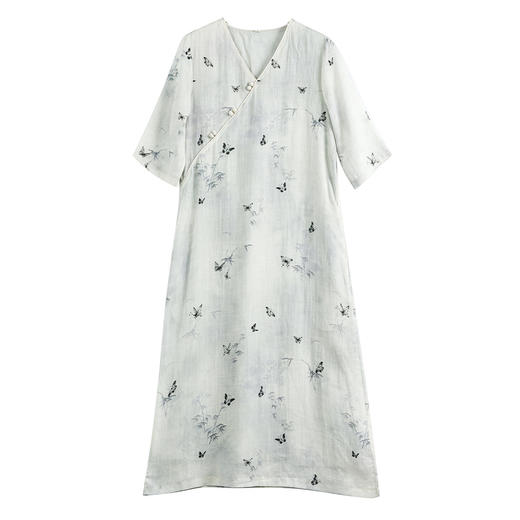 HM-S491中国风蝴蝶竹子印花改良旗袍裙 苎麻V领中袖休闲连衣裙25春季新款 商品图4