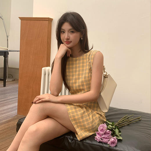 【奶油春日】多巴胺复古蓝黄格纹连衣裙女设计感短裙V0550196 商品图3