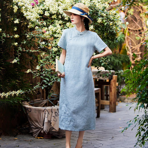HM-S492春季中国风改良式旗袍裙高端亚麻立领竹子刺绣侧开叉文艺连衣裙 商品图0