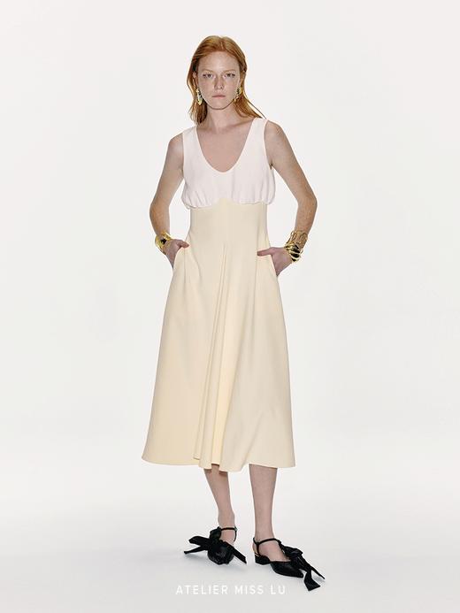 【日出维纳斯】撞色超高腰弧线拼接收腰大摆连衣裙 商品图0