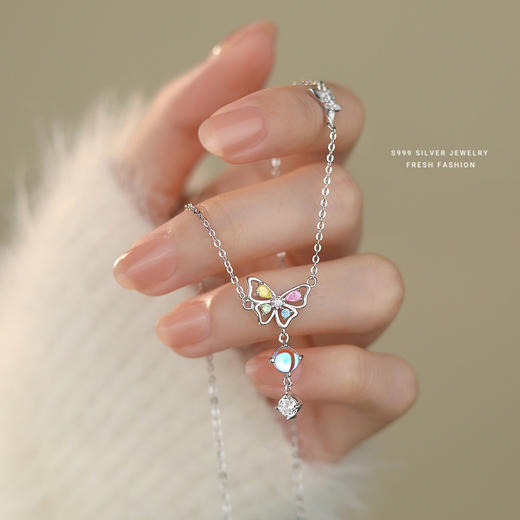 【花间见蝶】S999银月光石流苏蝴蝶结彩锆项链【YXS-A3949】 商品图1