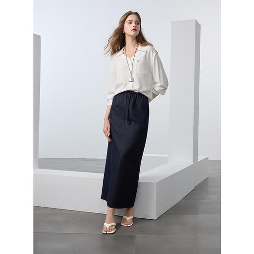 三彩2025春季新款深色牛仔半身裙高腰松紧直筒裙长裙休闲M 商品图2