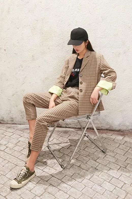 森宿 绿色格纹拼接外套长裤套装 11622 商品图1