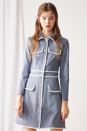 OECE 白色装饰花边条收腰连衣裙 11568