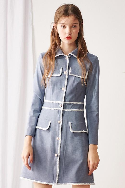 OECE 白色装饰花边条收腰连衣裙 11568 商品图0