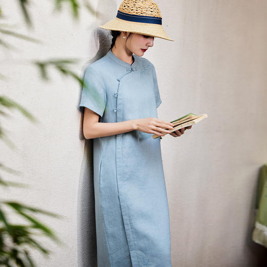 HM-S492春季中国风改良式旗袍裙高端亚麻立领竹子刺绣侧开叉文艺连衣裙 商品图2