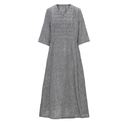 HM-S478春季新款高端亚麻连衣裙千鸟格纹V领复古棉麻大摆裙长裙 实拍 商品图4