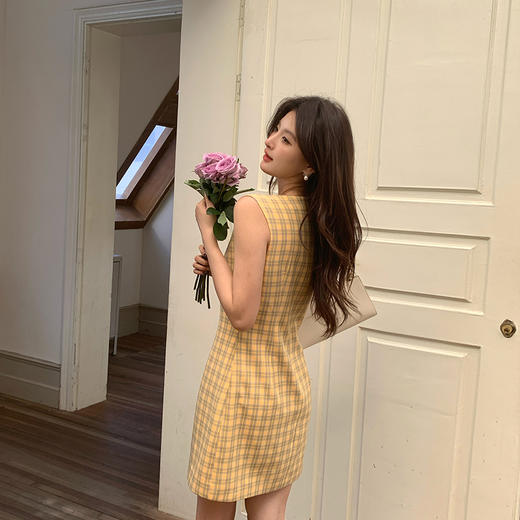 【奶油春日】多巴胺复古蓝黄格纹连衣裙女设计感短裙V0550196 商品图4