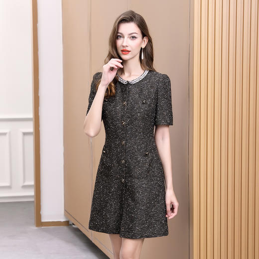 DNO-5BA1118春夏新款高端精致短袖连衣裙法式优雅气质小香风珍珠圆领裙女 商品图2
