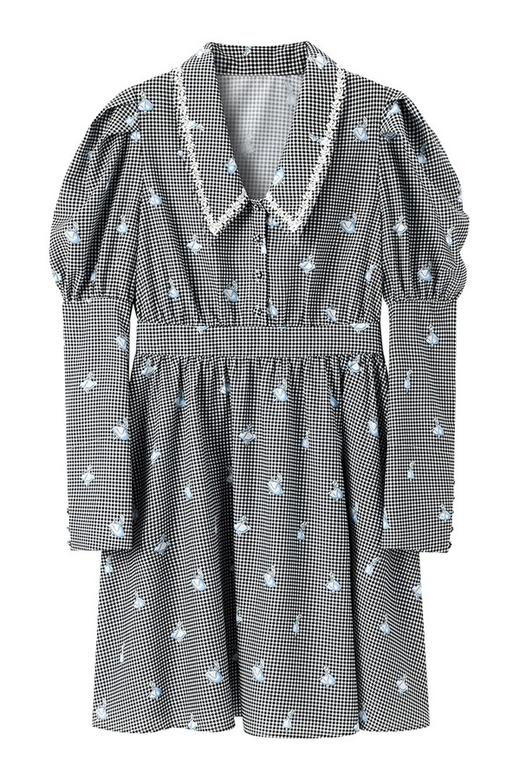 PEACEBIRD太平鸟 泡泡袖黑白格纹印花连衣裙 11626 商品图4