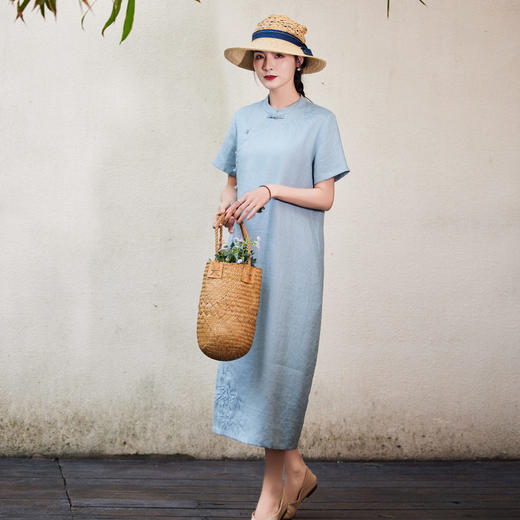 HM-S492春季中国风改良式旗袍裙高端亚麻立领竹子刺绣侧开叉文艺连衣裙 商品图3