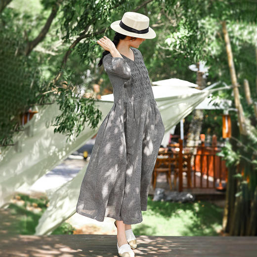 HM-S478春季新款高端亚麻连衣裙千鸟格纹V领复古棉麻大摆裙长裙 实拍 商品图0