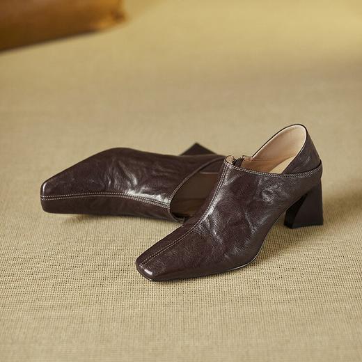【预售5天】经典百搭羊皮粗跟深口真皮方头高跟鞋单鞋~显高又显瘦MBJR&6820 商品图4
