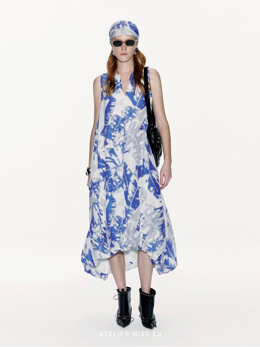 【雨林漫步】品牌定染印花桑蚕丝亚麻混纺露背花苞连衣裙 商品图1