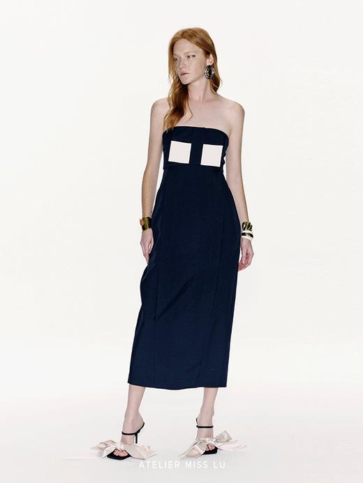 【深蓝水瓶】几何蝴蝶结撞色拼接收腰抹胸连衣裙 商品图2