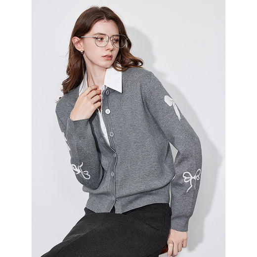 初语 秋冬蝴蝶结提花针织衫女圆领气质上衣毛开衫 商品图1