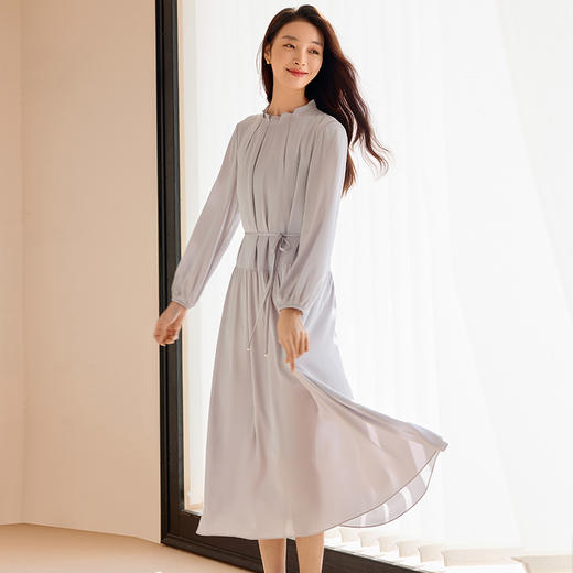 玳莎重磅真丝连衣裙2025春季新品优雅花苞领长袖中长款桑蚕丝裙子  FA35302 商品图2