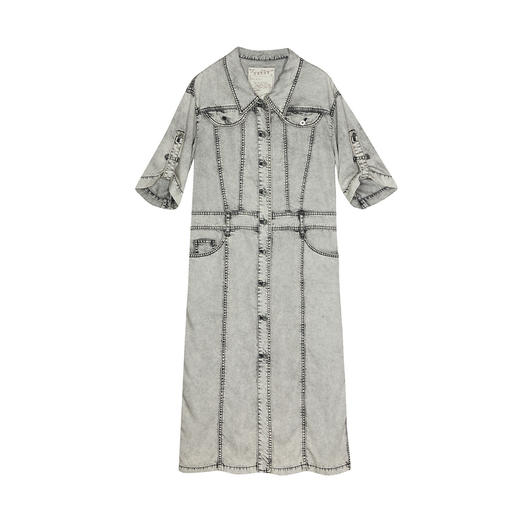 谜底牛仔连衣裙短袖2025春新品复古风H型衬衫式中长裙子251ML0148 商品图4