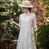 HM-S505春夏新款中式简约苎麻重工刺绣V领文艺七分袖淑女仙气A字连衣裙 商品缩略图2