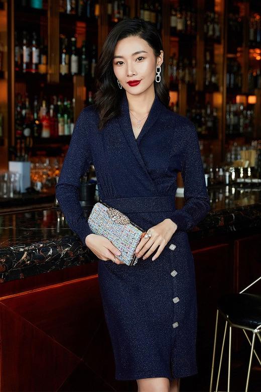 Fleur Wood V领显瘦开衩蓝色连衣裙 11668 商品图5