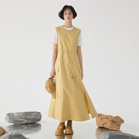 谜底连衣裙无袖女2025春款工装风圆领大口袋大摆裙长裙251ML0135