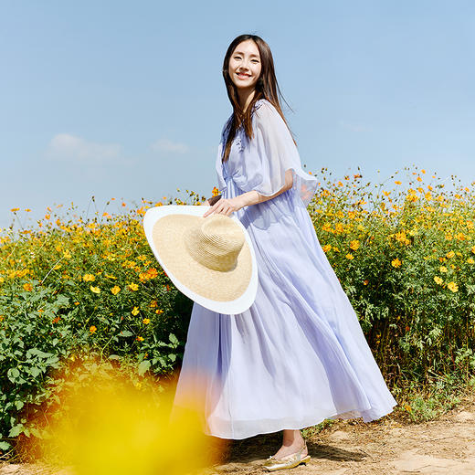 【林栖设计小店】真丝连衣裙手钩花优雅提花显瘦2025春季新品花仙子长裙女1951087 商品图1