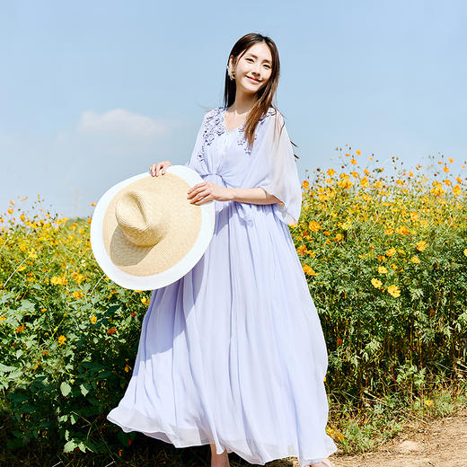 【林栖设计小店】真丝连衣裙手钩花优雅提花显瘦2025春季新品花仙子长裙女1951087 商品图0