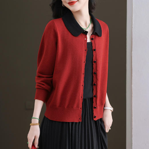 CC-11-9113小个子2025春秋季新款洋气娃娃翻领针织开衫女士拼色短款毛衣外套 商品图1