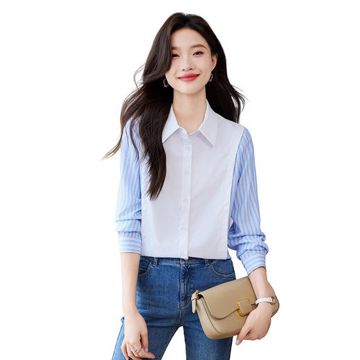 CC-QL-Y8553条纹衬衫女春秋2025新款设计感小众职业气质白色拼接长袖衬衣 商品图4