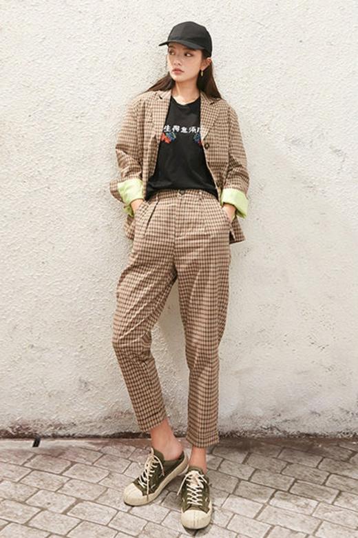 森宿 绿色格纹拼接外套长裤套装 11622 商品图0